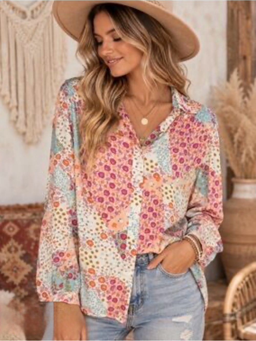 Rose & Olive Patchwork Boho Top M